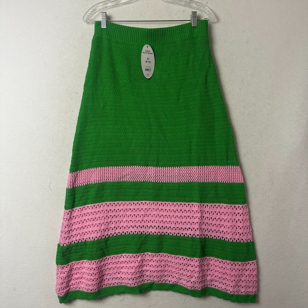 Scoop Womens Crochet Midi Skirt Green Pink Striped Knit Size M 8-10 R21-08027